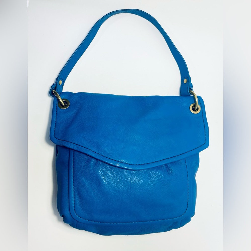 Fossil pebbled, leather blue shoulder bag, brass hardware, hello spring!